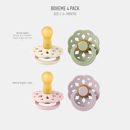 Thumbnail 1 de BIBS Boheme Schnuller 4er-Pack. BPA-frei, Kirschform Nippel. Naturkautschuk/Latex, Hergestellt in Dänemark. Größe 1/2, (0-6 Monate/6-18 Monate), (4er Pack), Dusky Lilac Mix
BIBS Boheme Schnuller 4er-Pack. BPA-frei, Kirschform…