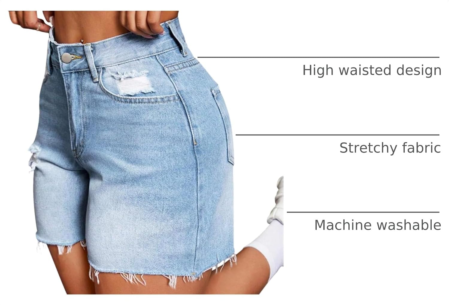 Detalle 2 de IWD Women’s High Waisted Stretch Denim Shorts with Ripped Hem