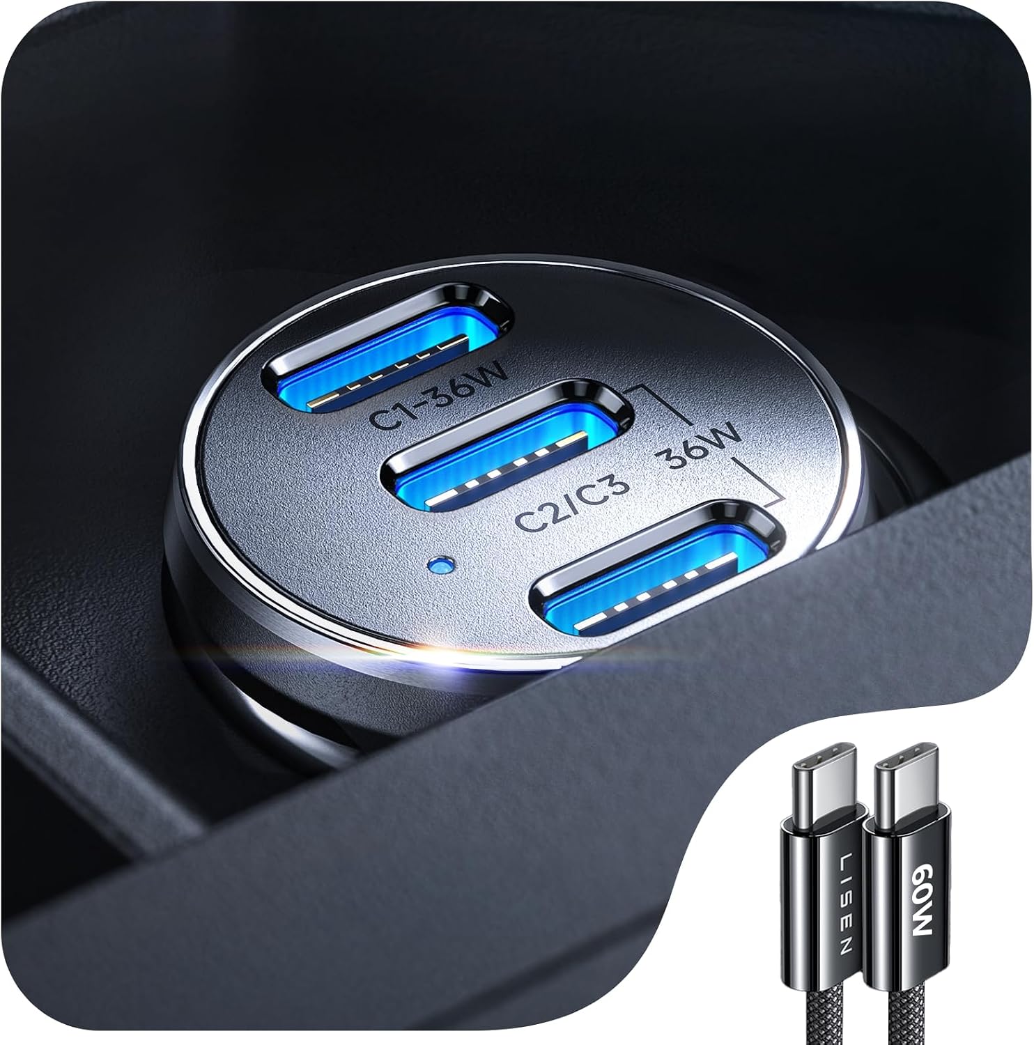 Detalle de LISEN Mini USB‑C Car Charger Fast Charge 72W | Three‑Port 12V Car USB Adapter with 60W USB‑C Cable