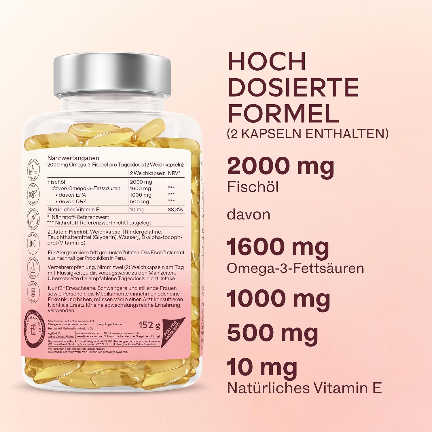 Detalle de Omega 3 Hochdosiert Kapseln 2000 mg – 120 Kapseln, 60 Tage