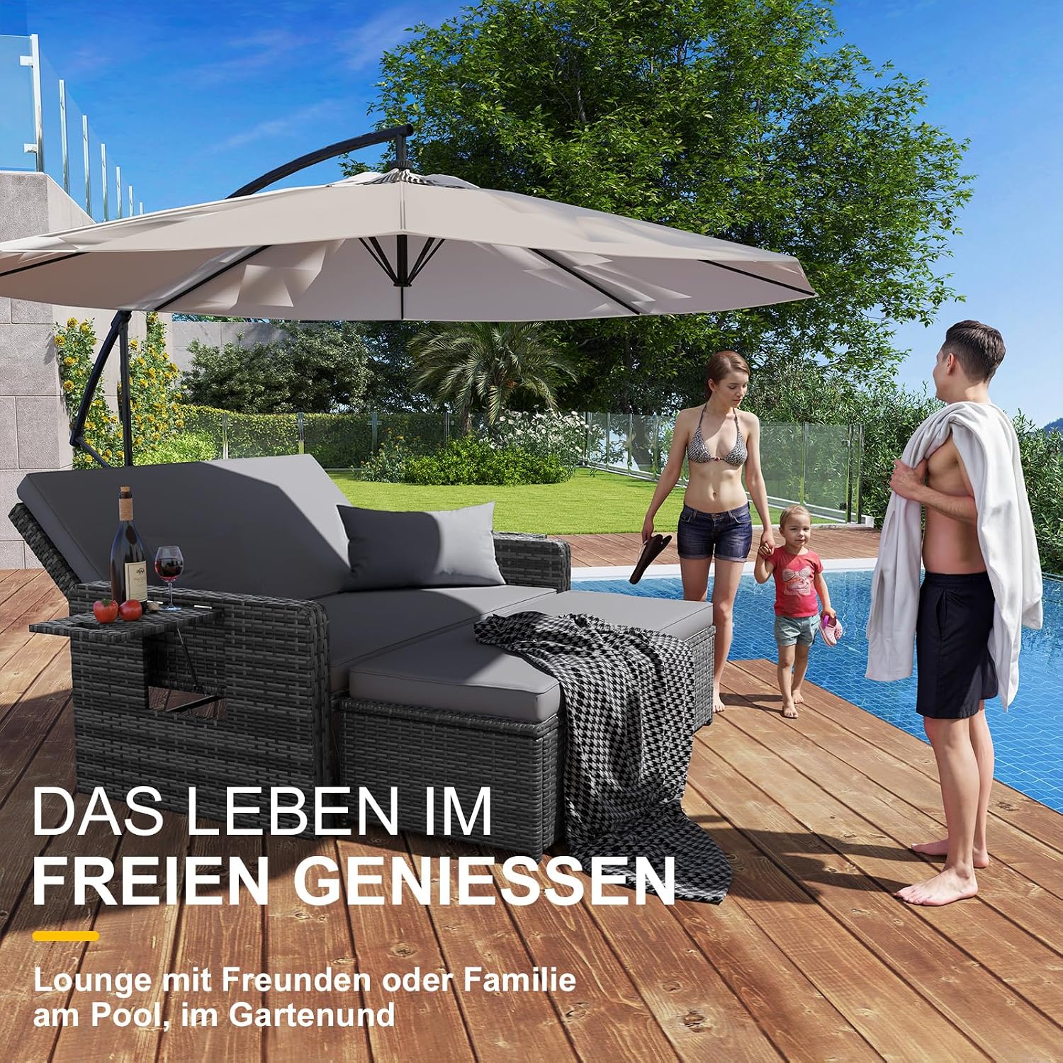 Thumbnail 2 de UDPATIO Rattan Lounge Möbel Outdoor – Verstellbares 2-Sitzer Gartensofa mit Stauraum, Hocker und verstellbarer Rückenlehne