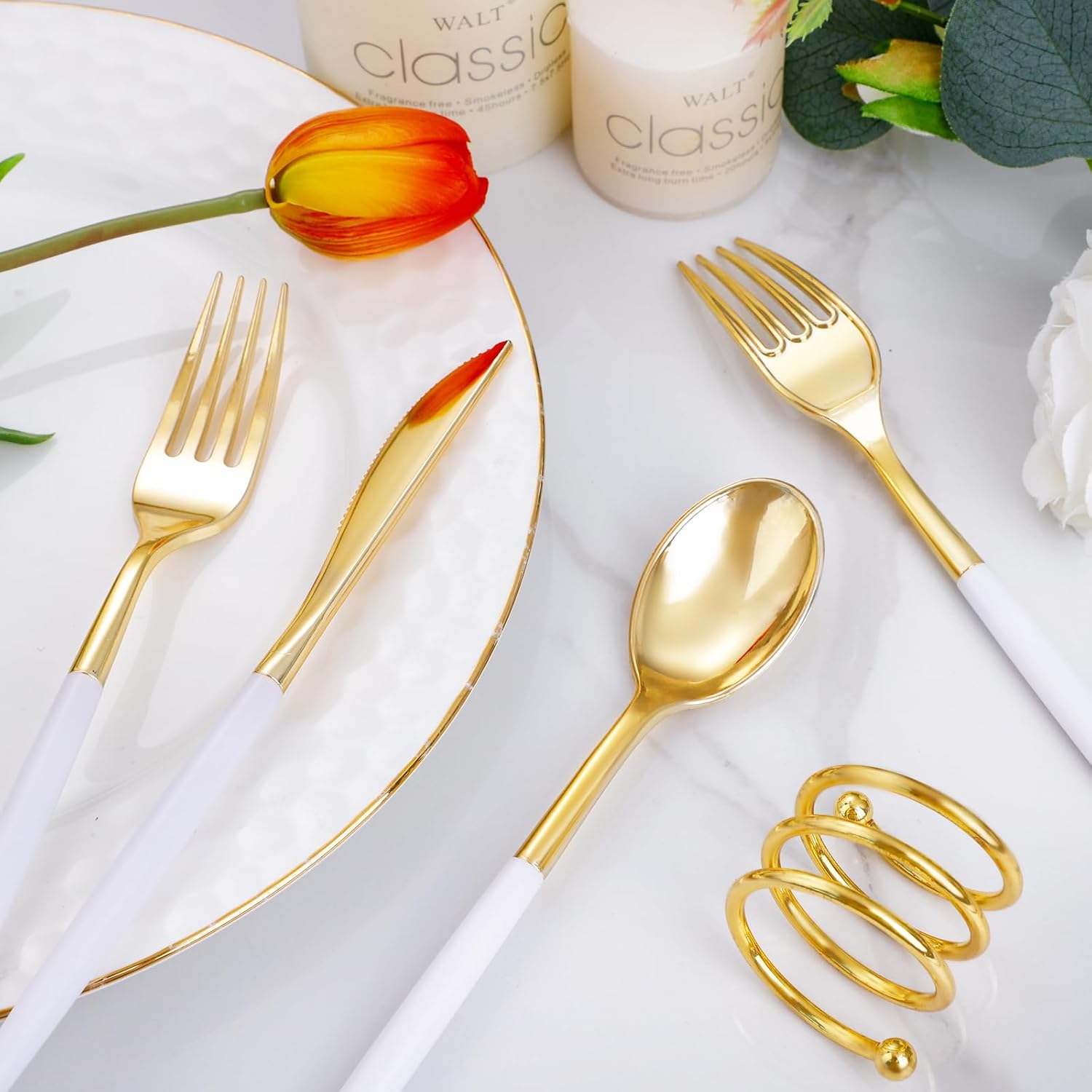 Detalle de I00000 300 Pcs Gold Plastic Silverware Set – Premium White & Gold Disposable Cutlery (100 forks, 100 knives, 100 spoons)