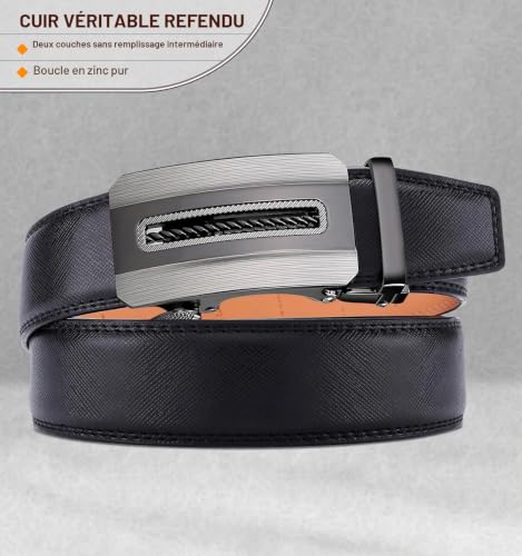 Detalle de BULLIANT Ceinture Homme – Ceinture automatique en cuir noir 35 mm, taille réglable, boîte cadeau