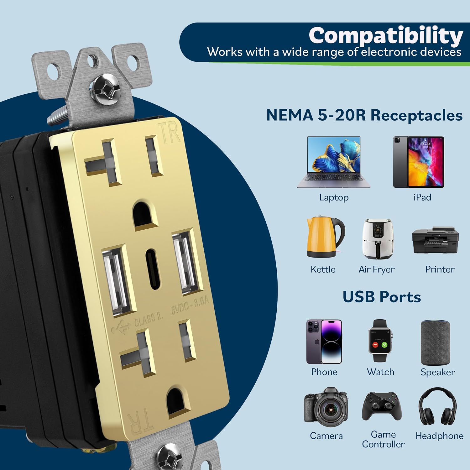 Detalle de TOPGREENER TU22036AC3-GDWSI 3-Port USB-C & USB Wall Outlet (20 Amp, Tamper-Resistant) with Gold Faceplate