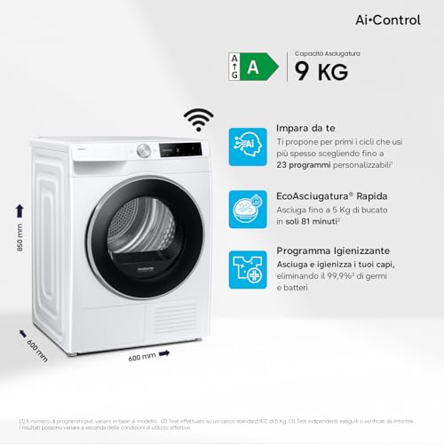 Detalle de Samsung Asciugatrice AI Control DV90DG6845LE/U3, 9 kg – Pompa di Calore, Wi‑Fi, AI Dry+