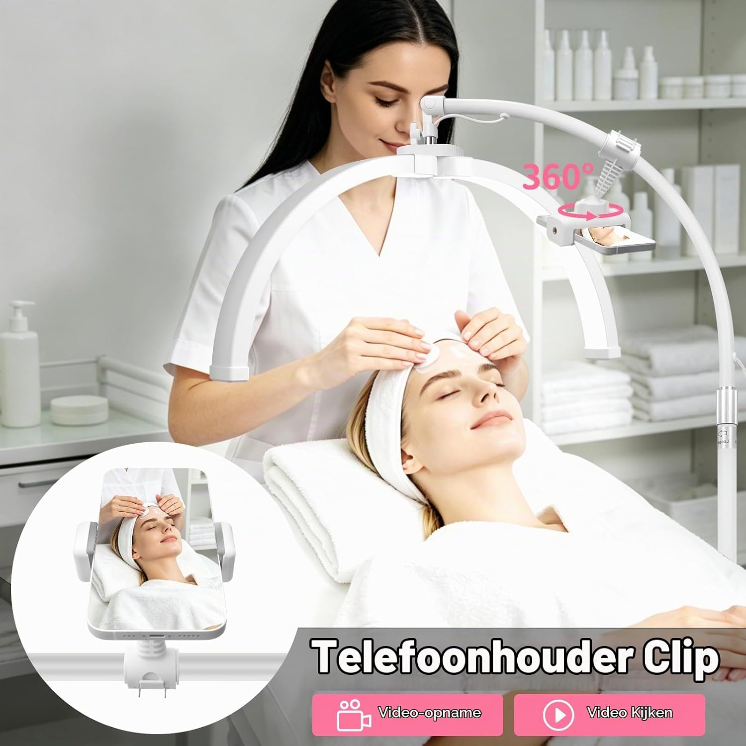 Thumbnail 6 de CGBE F-550 halvemaanvormige LED-wimperlamp met telefoonhouder, dimbaar, 30 W