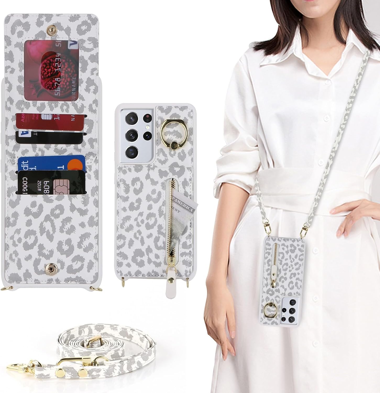 Zouzt Wallet Case with Cord for Samsung Galaxy S21 Ultra — White Leopard