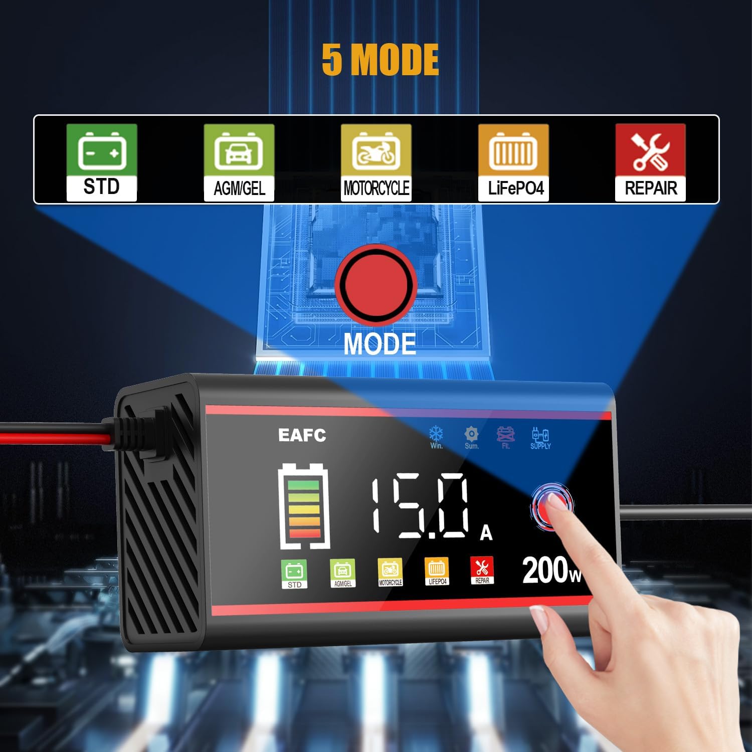 Thumbnail 5 de EAFC 15Amp Car Battery Charger 200W with Pulse Repair and LCD Display