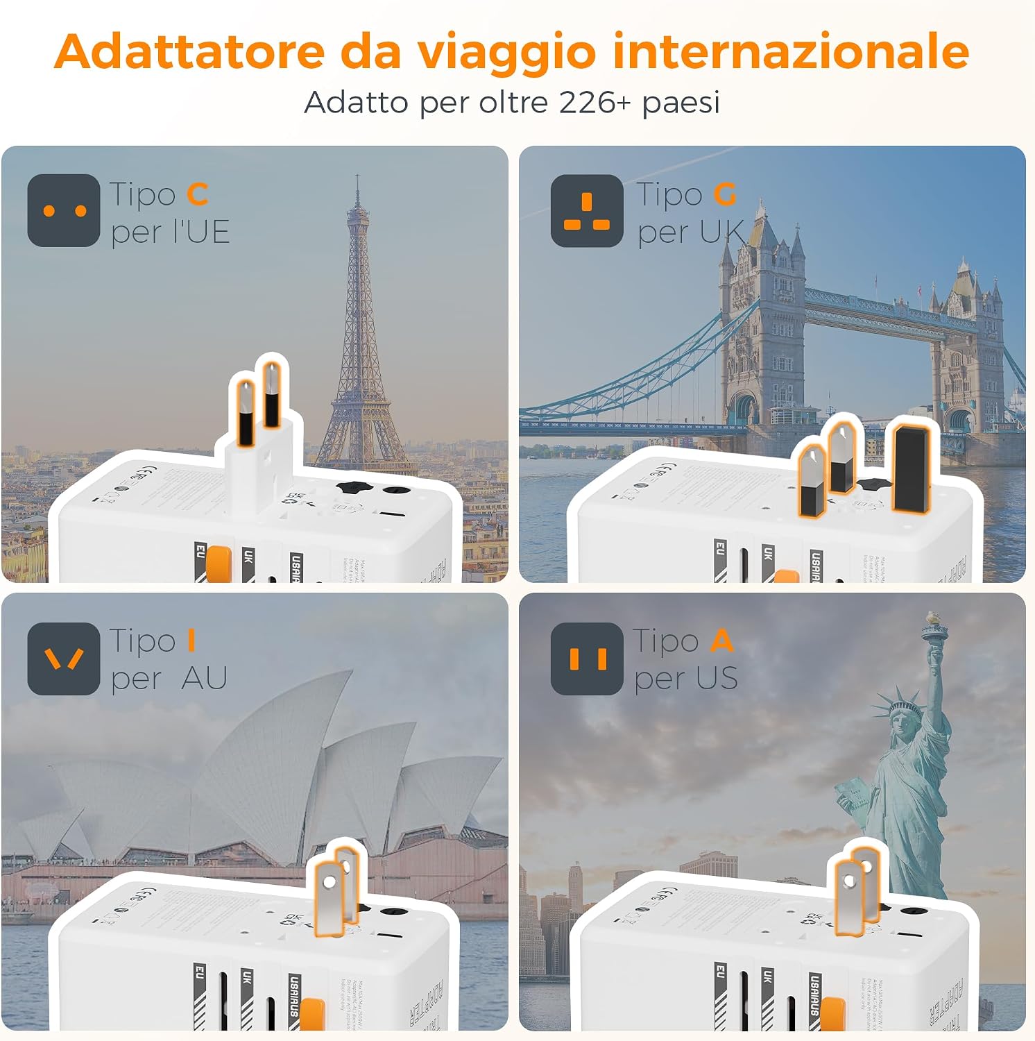 Detalle de TESSAN 100W GaN Adattatore Universale da Viaggio: carica 5 dispositivi con una sola presa
