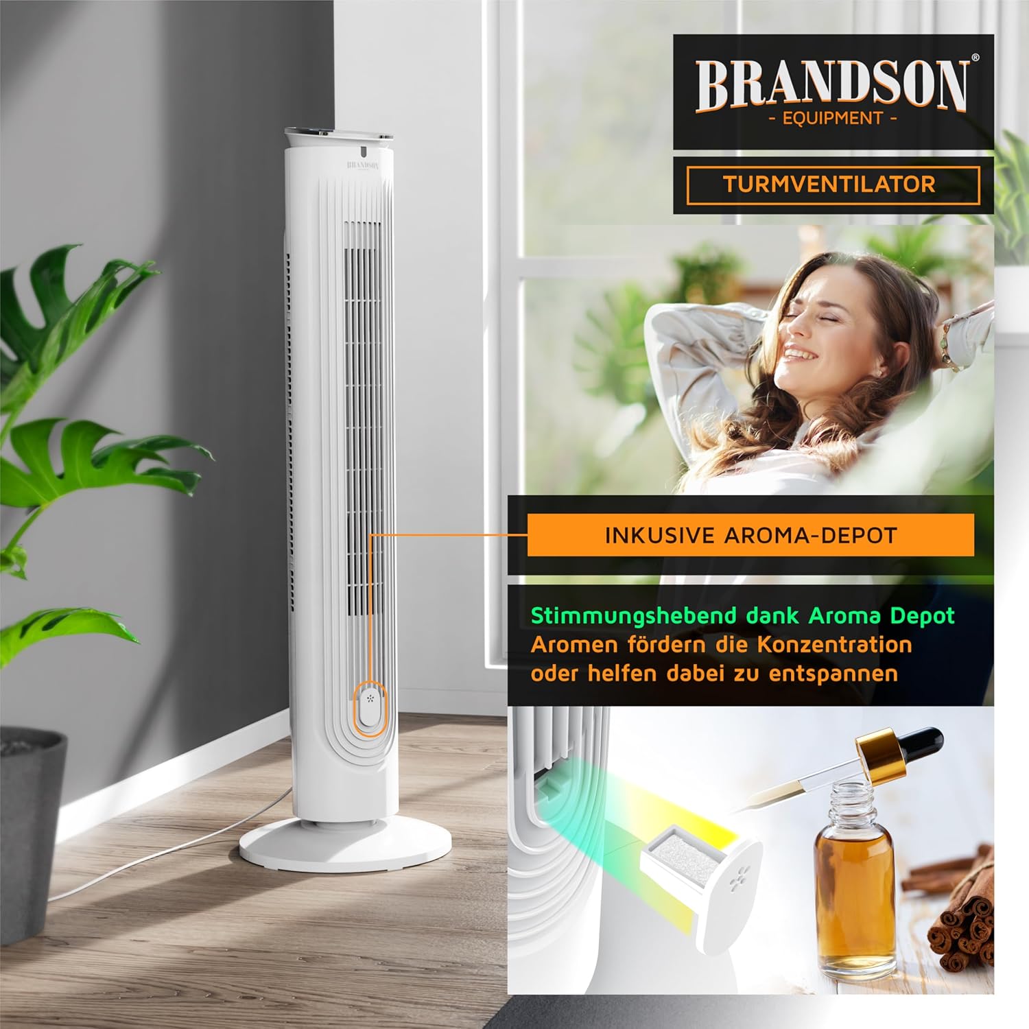 Thumbnail 6 de Brandson Turmventilator mit Aromafach und Fernbedienung – leisestarke Kühlung mit 5 Stufen, 4 Modi und Timer