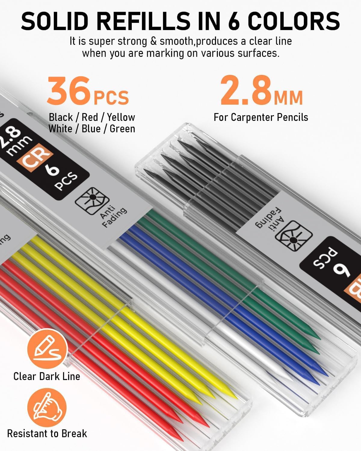 Detalle 1 de Nicpro Deep Hole Marker Pencil Set – 5 solid carpenter pencils with 2.8 mm leads, sharpener & storage box