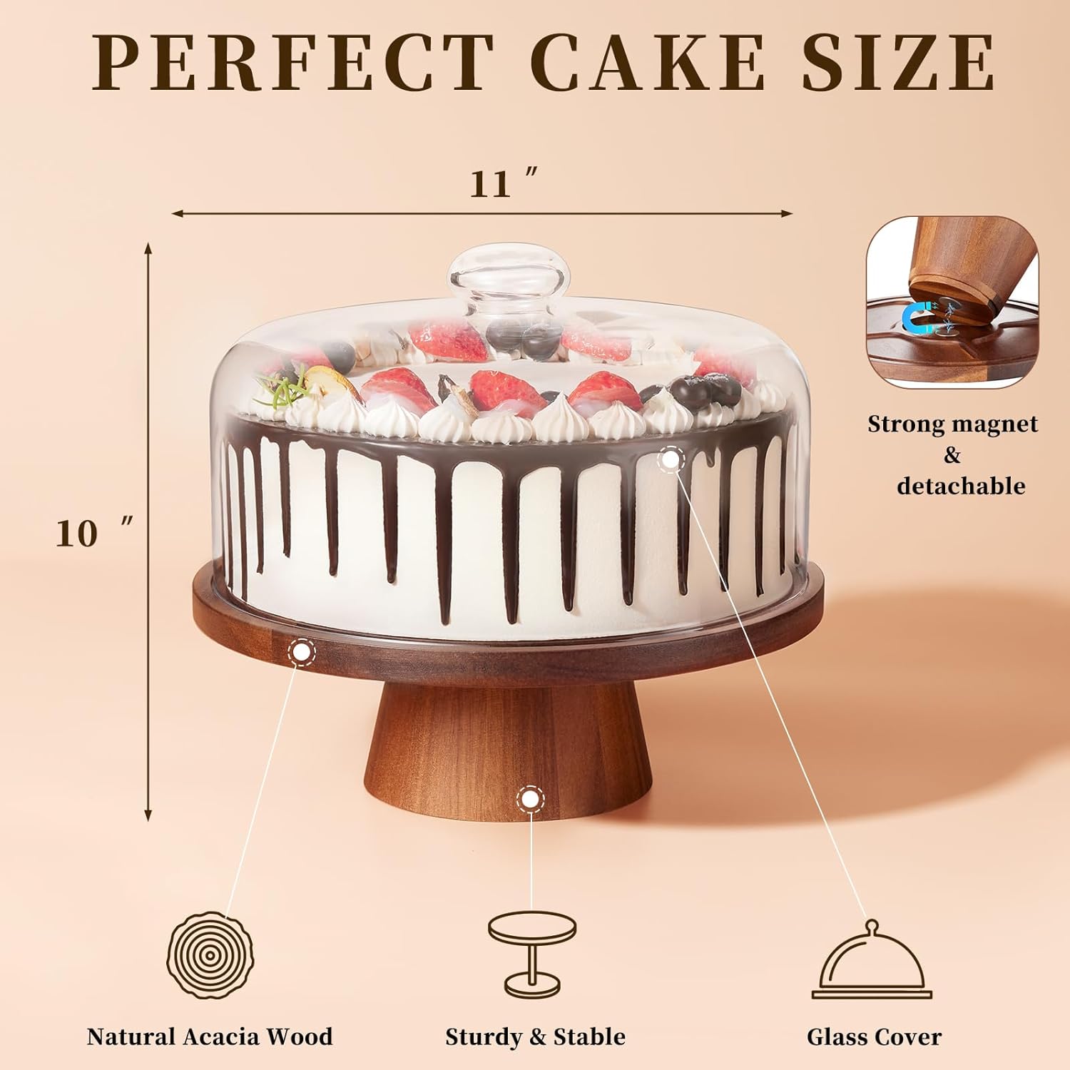 Detalle 2 de VIVIRBIEN Wooden Cake Stand with Lid (Acacia) with Glass Dome, 11-Inch Dessert Stand with Magnetic Pedestal