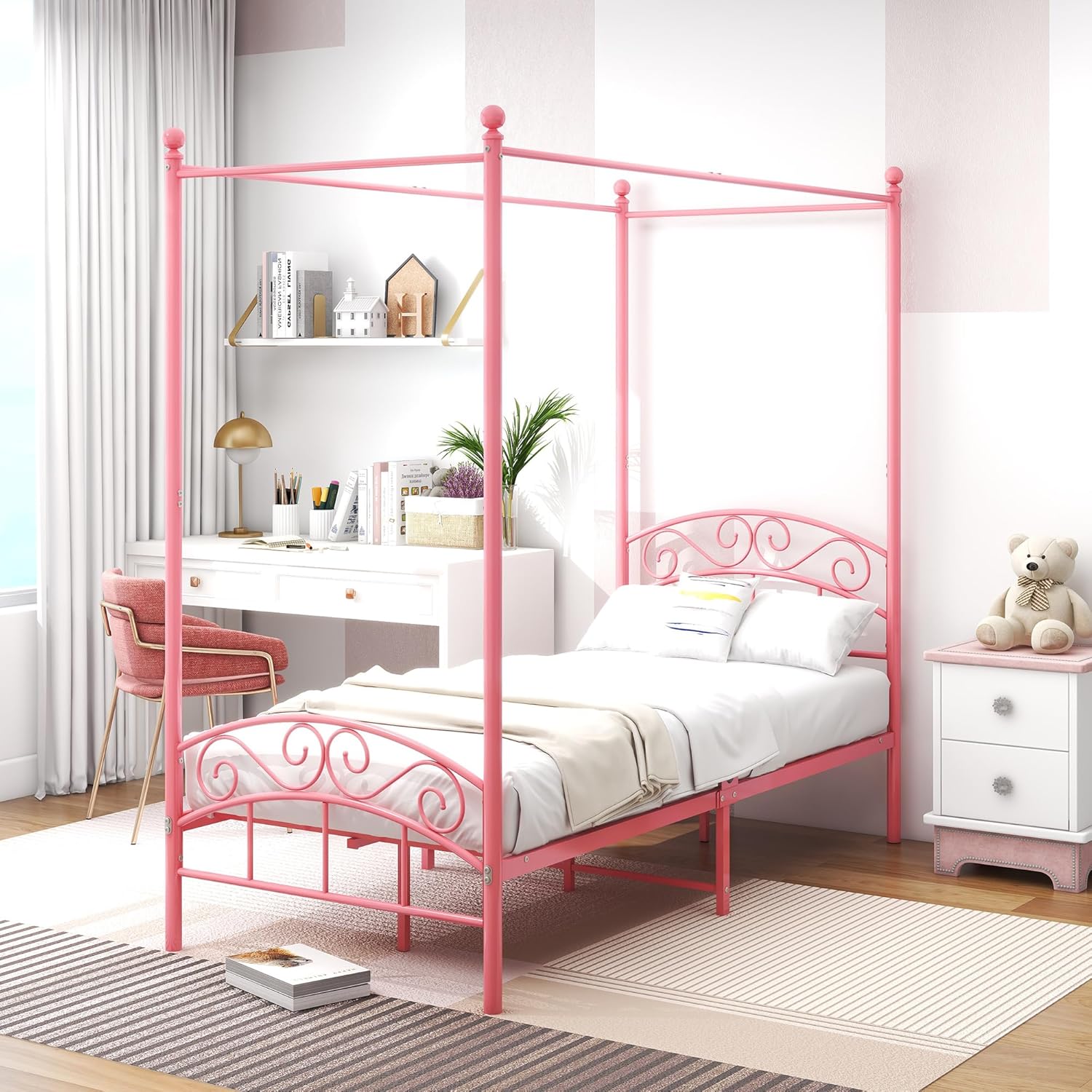 ARFARLY Letto a baldacchino in metallo per letti matrimoniali 200 x 90 cm, rosa