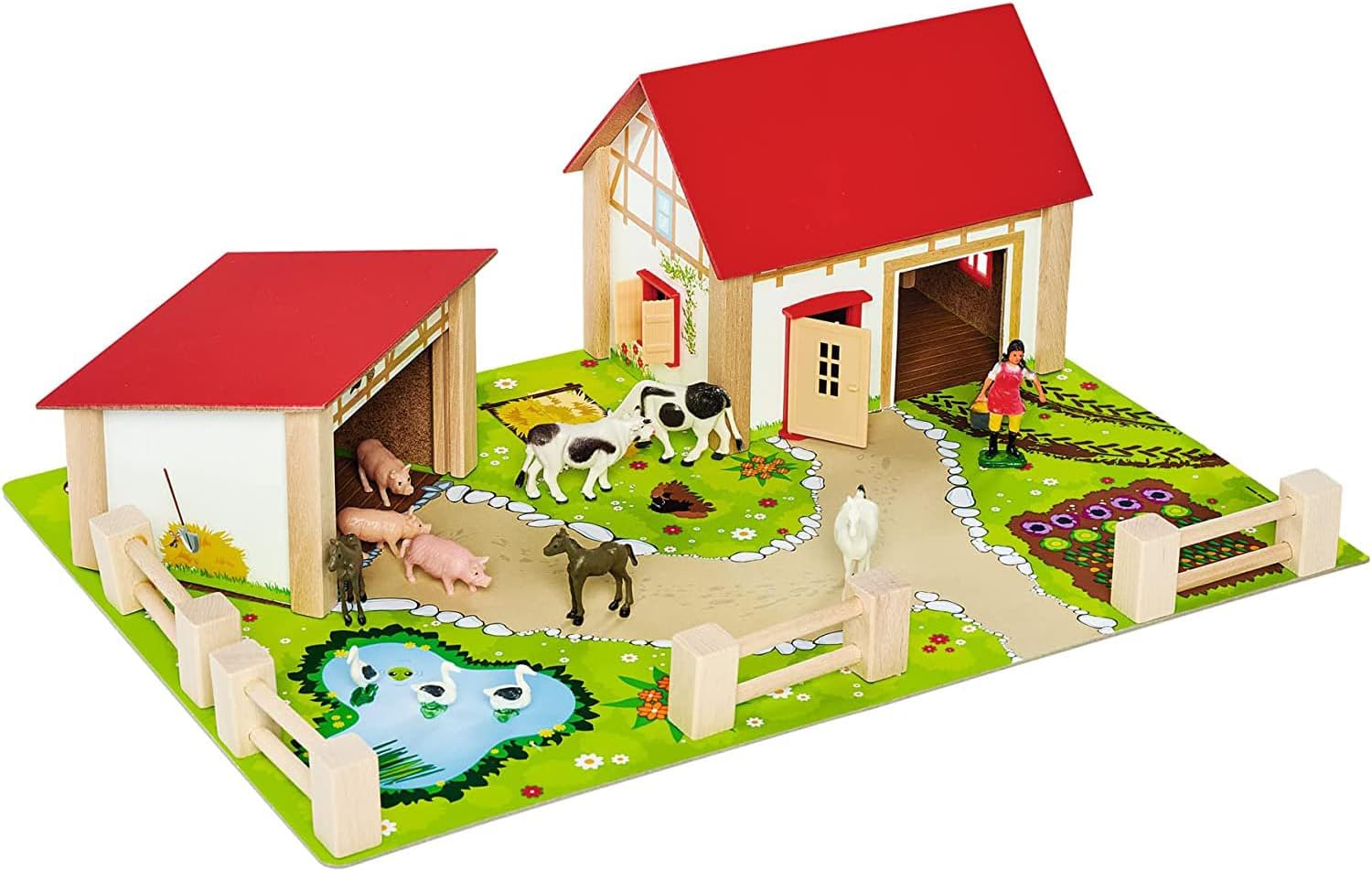 Detalle 2 de Eichhorn Bauernhof 100004309 – Bauernhof-Spielset aus Buchenholz mit 2 Gebäuden, Tieren und Zäunen (20-teilig)