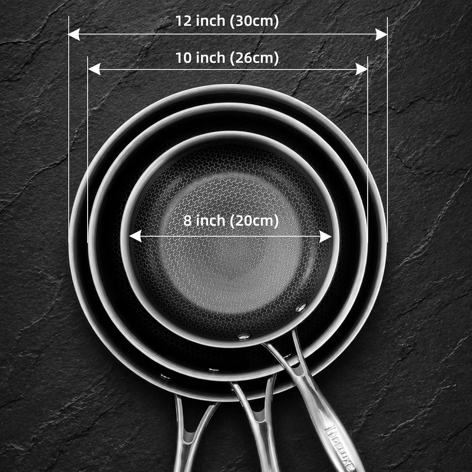 Detalle de DELUXE Hybrid Ceramic Nonstick 5-Piece Fry Pan Set (8/10/12 Inch) with Glass Lids