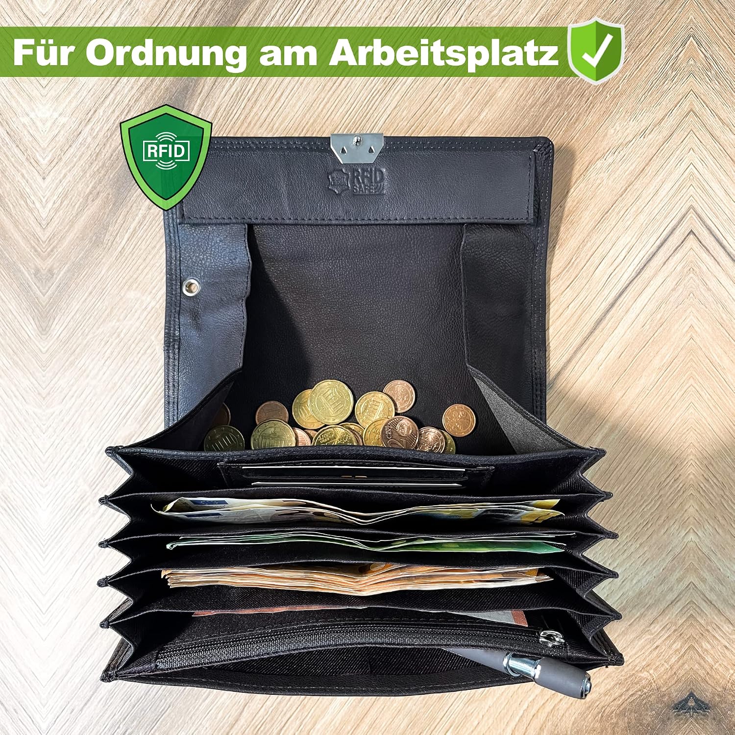 Detalle de FLEXIBILITE Kellner-Geldbörse aus echtem Leder mit RFID, Schwarz – Kellnerportemonnaie (18,5 x 9,5 x 4,5 cm)