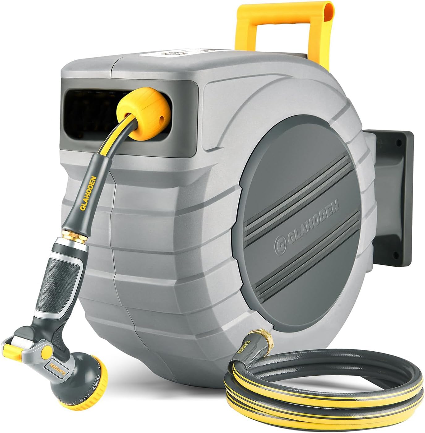 GLAHODEN Retractable Garden Hose Reel, 5/8 in x 100 ft Wall-Mount (UV-Resistant, 180° Swivel, Brass Fittings)