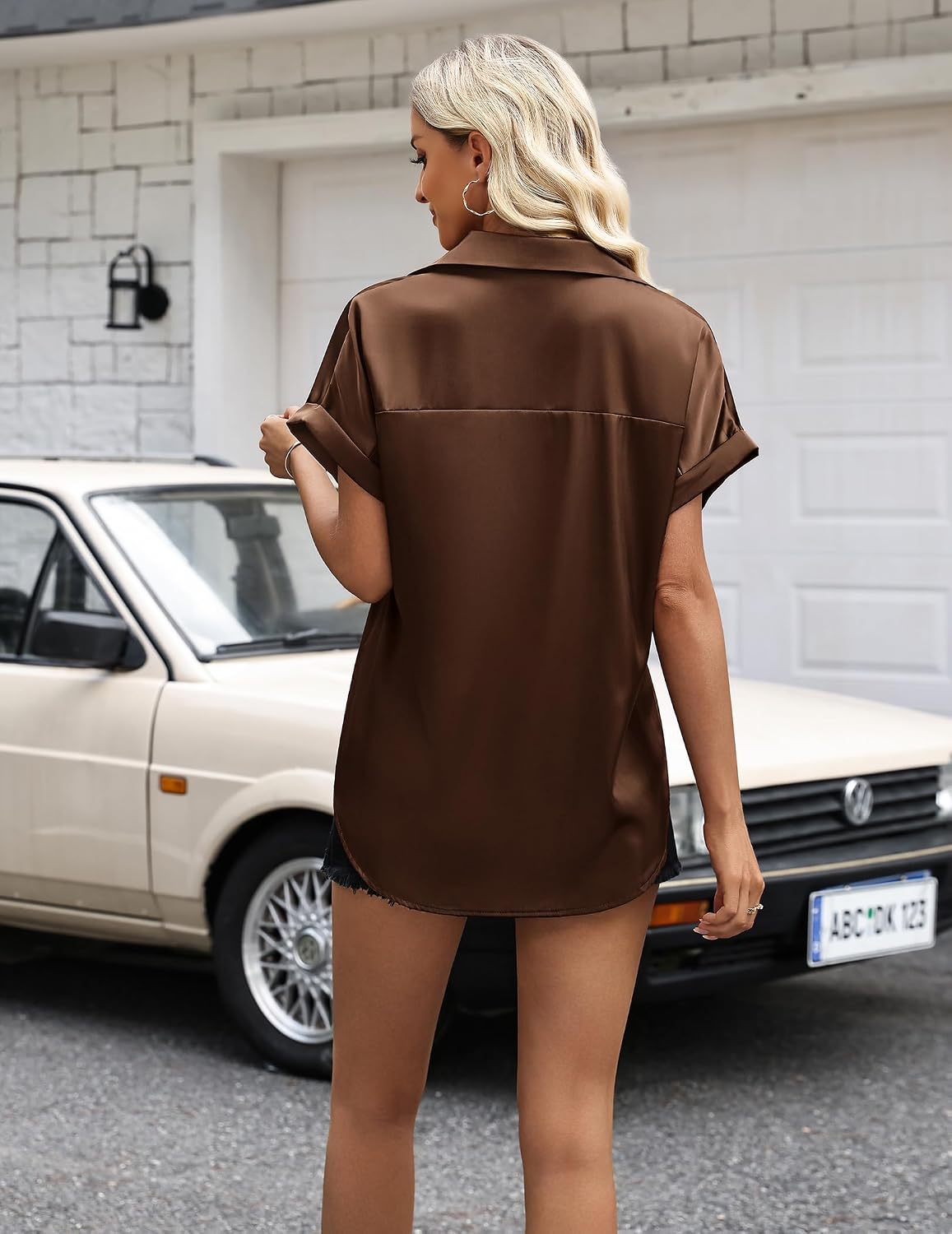 Detalle de Zeagoo Women's Satin Blouse Short Sleeve Button-Down for Business Casual