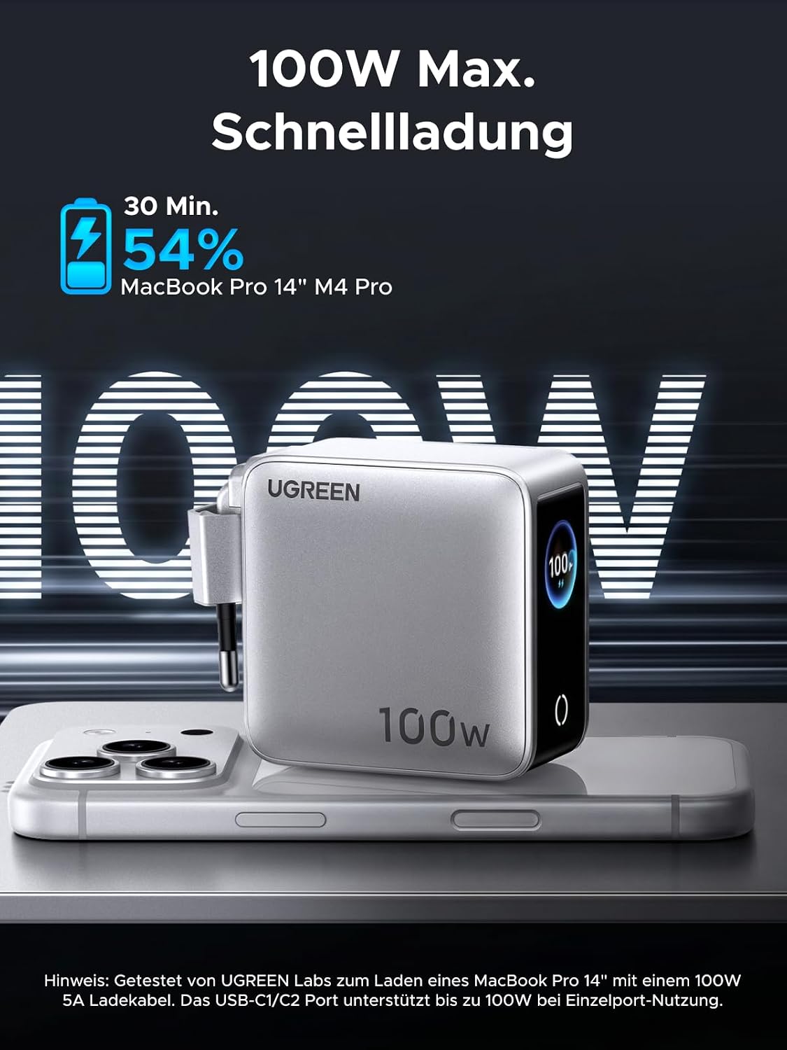 Detalle de UGREEN Nexode Pro 100W USB-C Ladegerät – 4-in-1 GaN Netzteil mit Smart Display