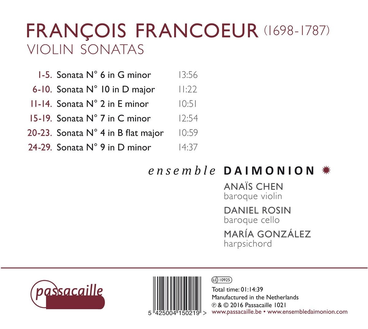 Detalle 2 de Francois Francoeur: Violin Sonatas Audio CD by Ensemble Daimonion