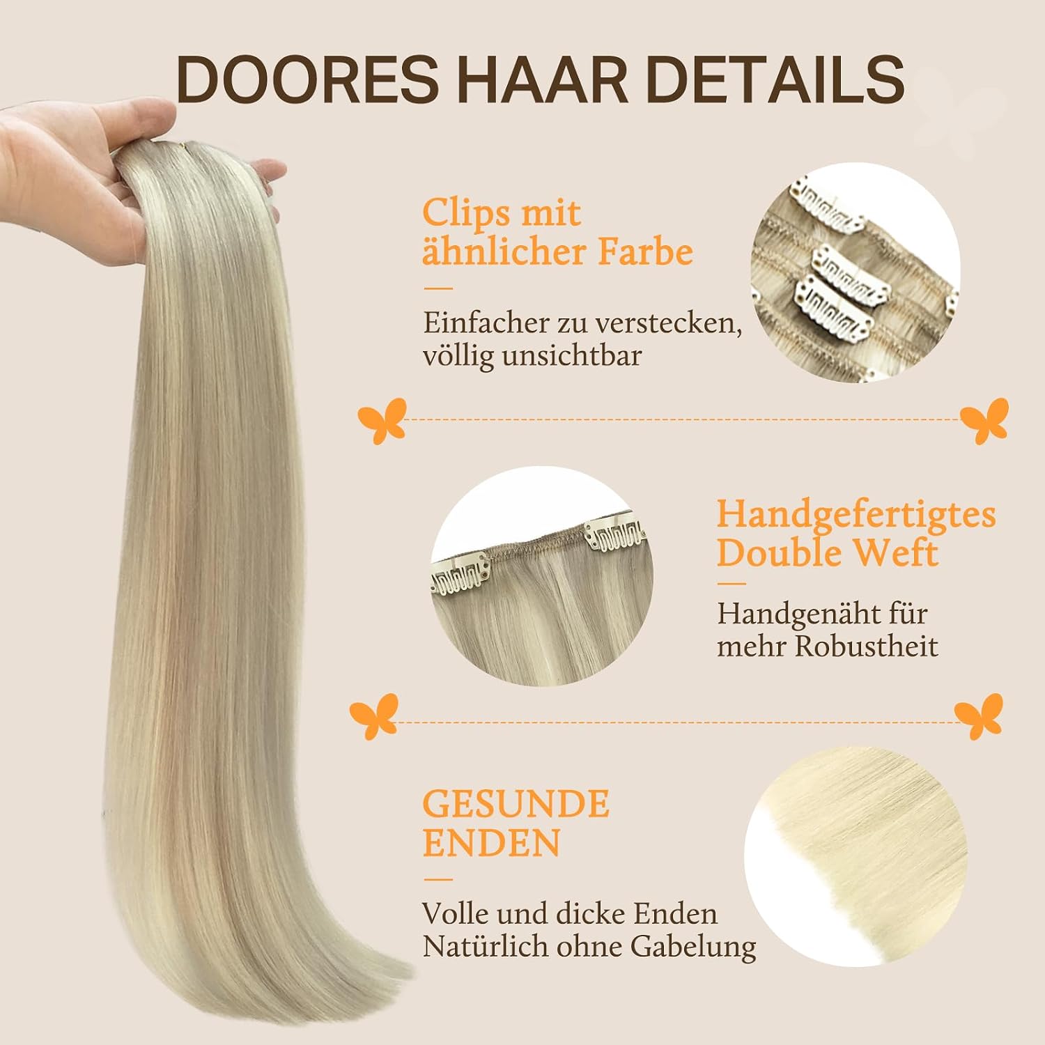 Detalle de DOORES Clip-in Extensions Echthaar – Aschblond Highlights Platinblond, 50 cm (20 Zoll), 7 Stück, Remy Echthaar