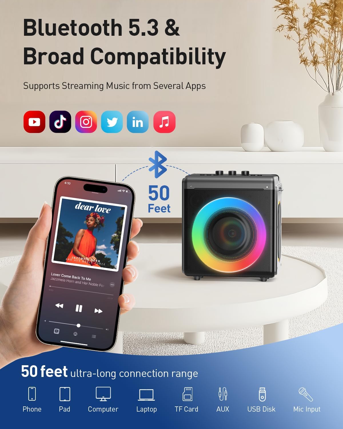 Detalle 2 de VERKB T-09 Karaoke Machine, 150W Peak, Bluetooth 5.3, Two Wireless Mics