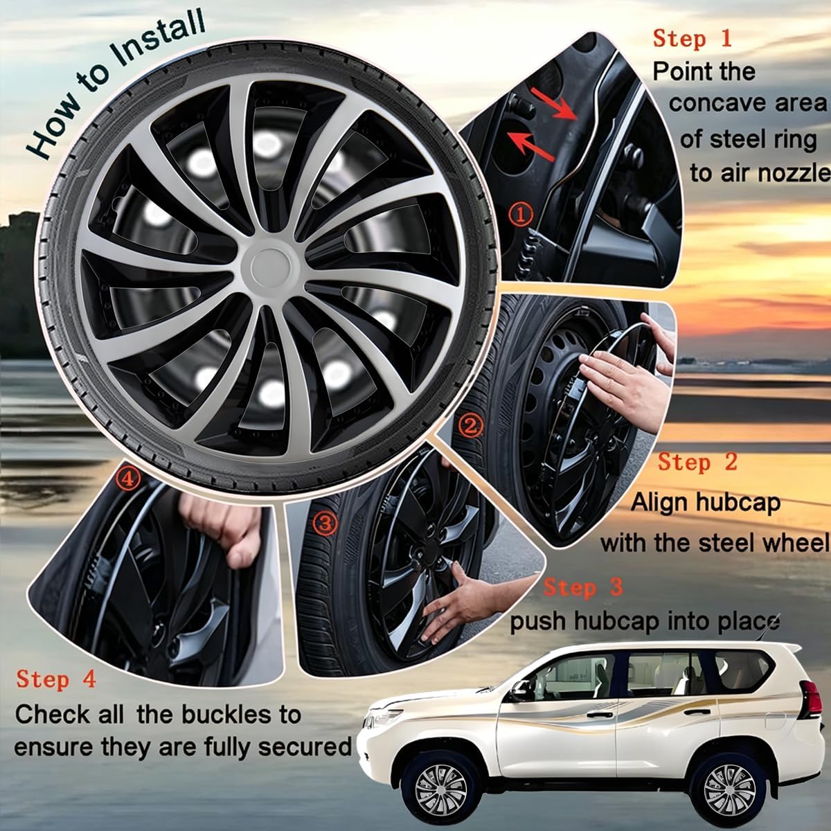 Thumbnail 5 de Hubcap Wheel Cover Replacement R16 – Universal Fit for 16" Steel Wheels (Set of 4, Silver-Black)