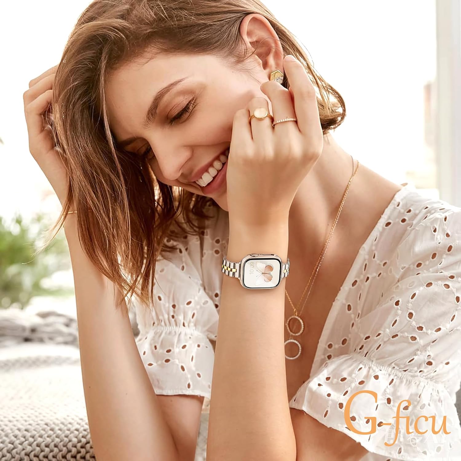 Detalle de G-ficu Thin Metal Straps with Case for Apple Watch (Women) – Slim Stainless Steel Band for 40mm/41mm/44mm