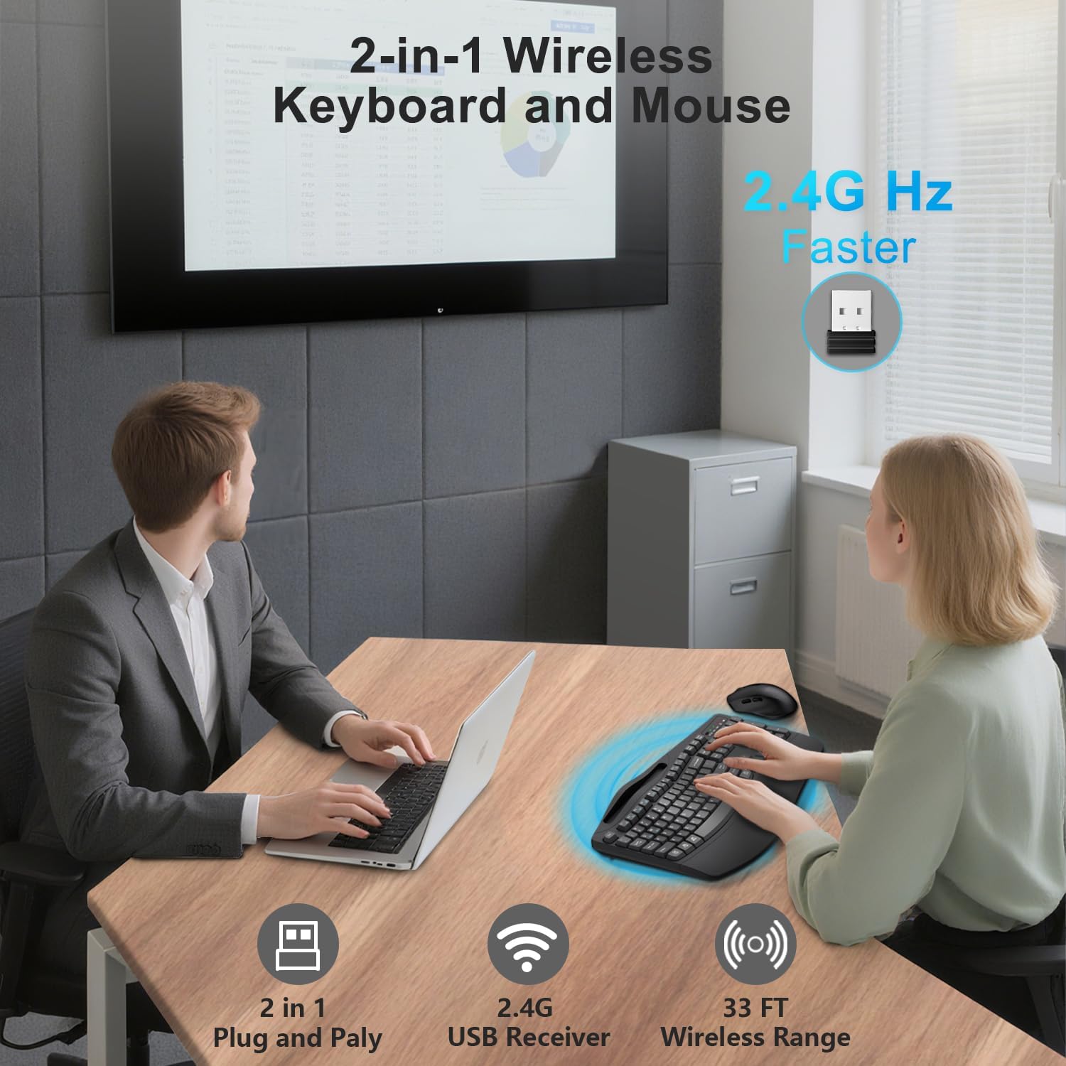 Thumbnail 4 de Faadar Wireless Keyboard and Mouse Combo (2.4G Full Size Wave Keys + Wrist Rest, Phone Holder) with Silent 3-Level DPI Mouse