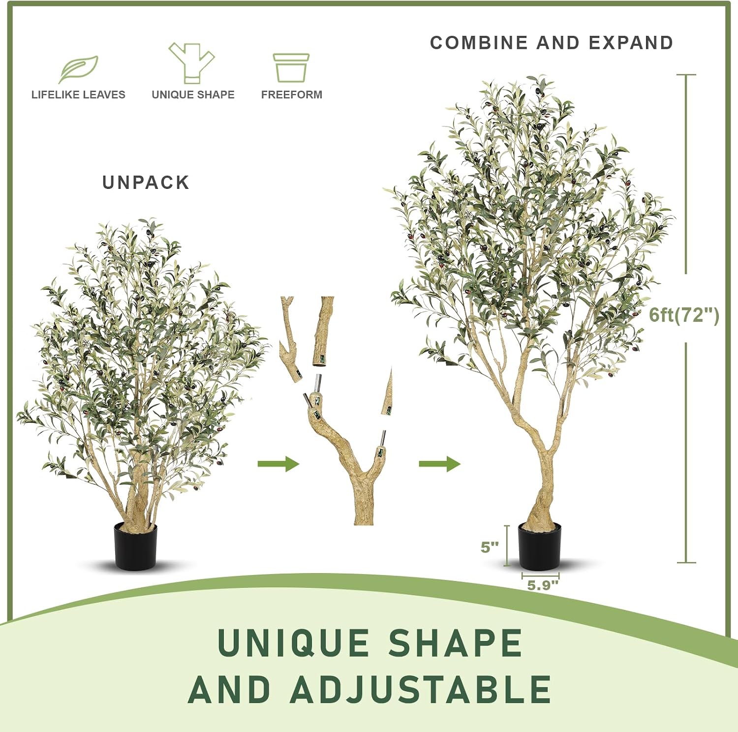 Detalle 2 de LYERSE Olive Tree 6ft: Realistic Indoor Artificial Olive Tree for Home, Office, and Living Spaces