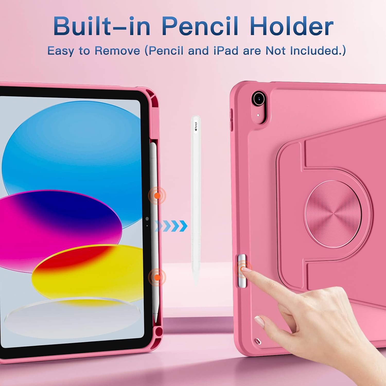 Detalle de drivego 360 Rotating Case for iPad A16 (11th Gen, 2025) & iPad 10th Gen (10.9in, 2022) – Magnetic Detachable Cover with Pencil Holder, Clear PC Back, Red
