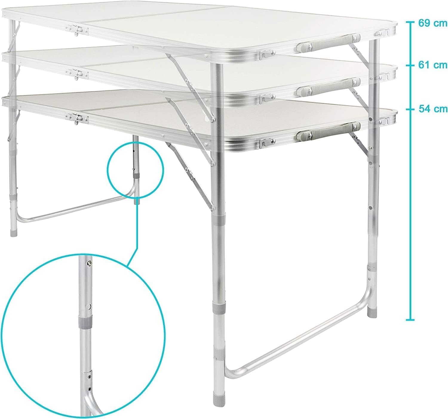 Thumbnail 3 de Table pliante multifonctionnelle réglable en hauteur (3 positions) – Table de camping, marché et tapisseries – Blanc