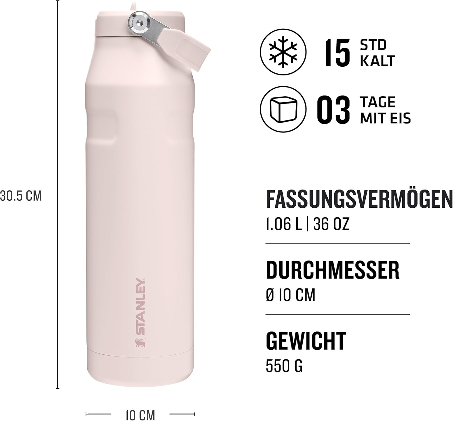 Thumbnail 1 de Stanley 1913 Flip Straw Trinkflasche mit Strohhalm 1,06 l (Rose Quartz) – 4 Tage eisgekühlt