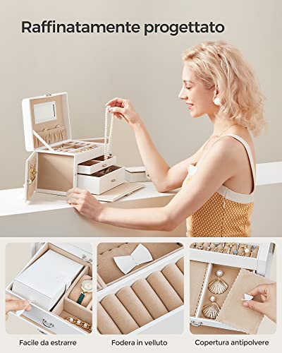 Detalle 2 de SONGMICS Scatola Portagioie a 3 livelli – Portagioie con mini box removibile, chiusura a chiave e maniglia frontale, PU Bianco Nuvola / foderato beige