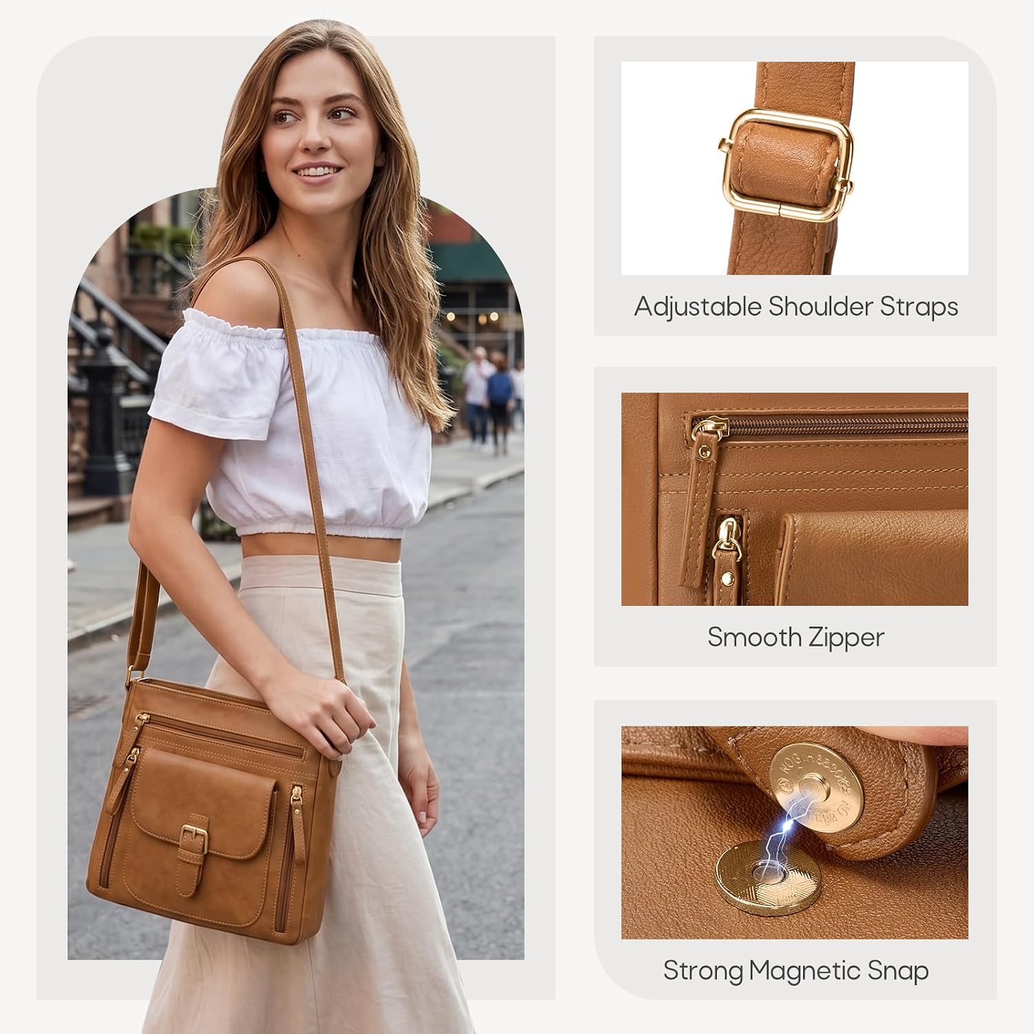 Detalle de RAINSMORE Cross Body Bag Women: PU Leather Multi-Pocket Crossbody for Everyday Use