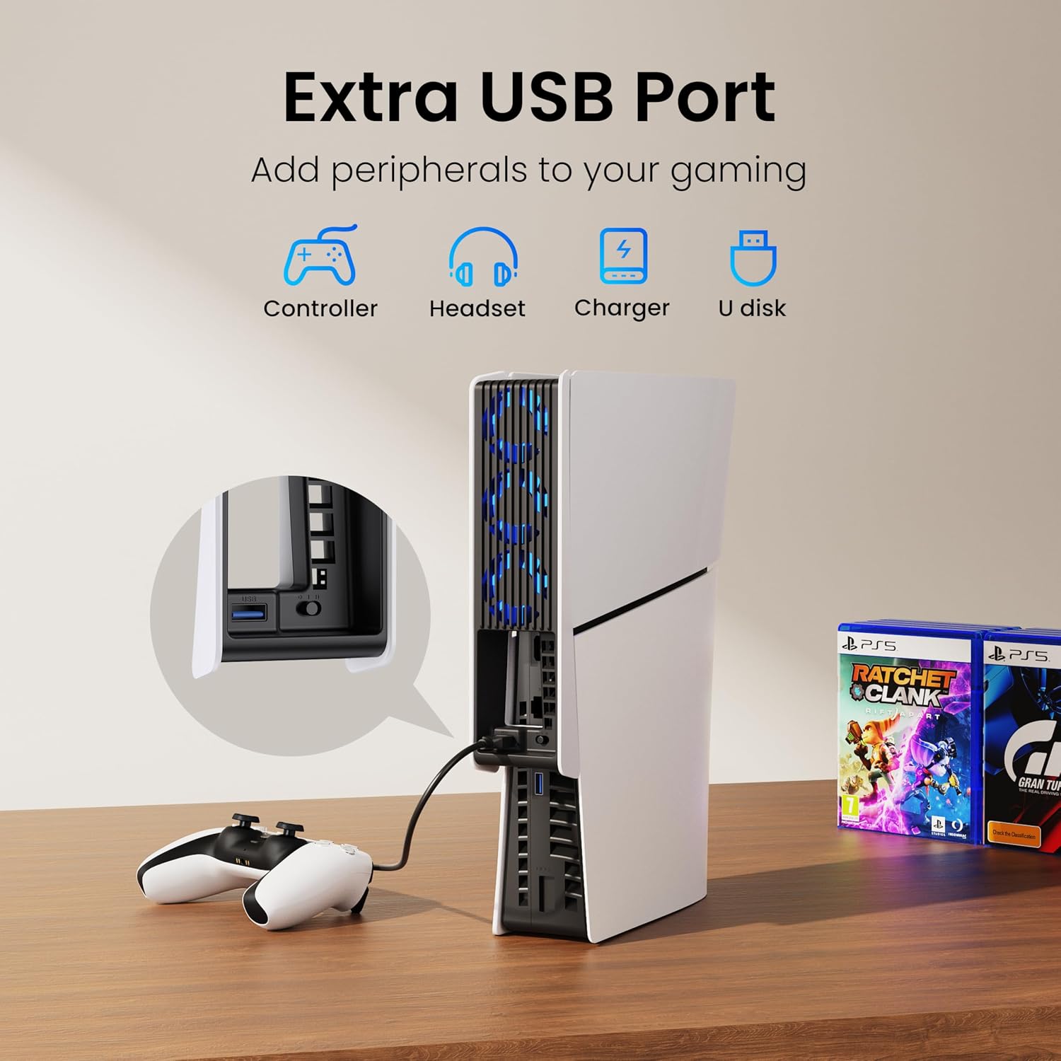 Detalle de KIWIHOME Cooling Fan for PS5 Slim: Efficient Triple-Fan Cooling with USB Passthrough