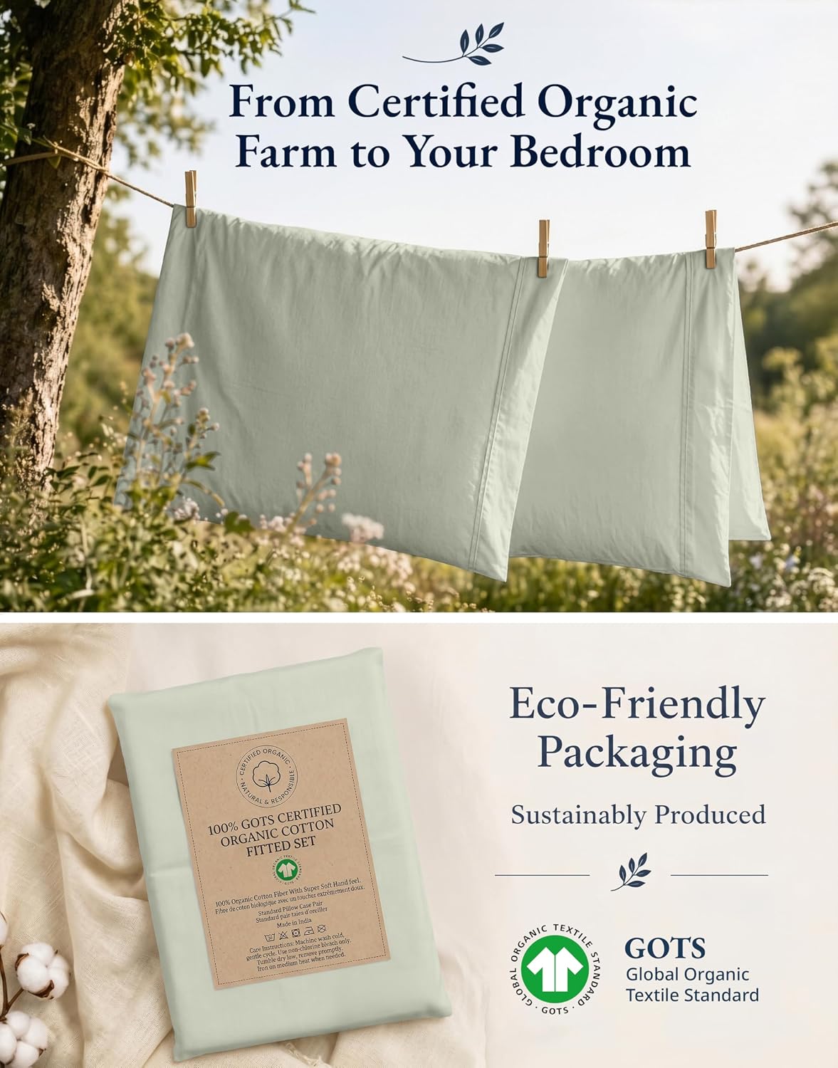 Detalle 2 de LANE LINEN OGN160FS-QN-MIN Queen Fitted Sheet Set, Organic Cotton Percale, 15" Pocket
