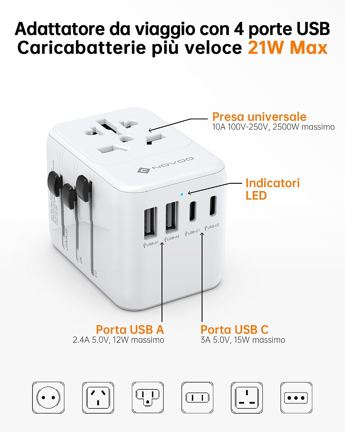 Thumbnail 5 de NOVOO Adattatore universale da viaggio PD 21W con 2 USB e 2 C 🔌