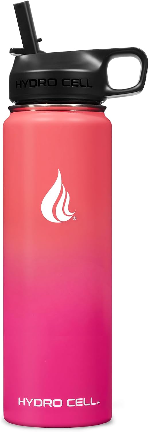 Detalle de HYDRO CELL 24oz Stainless Steel Insulated Water Bottle with Straw (Coral/Punch) – Cold & Hot Drinks