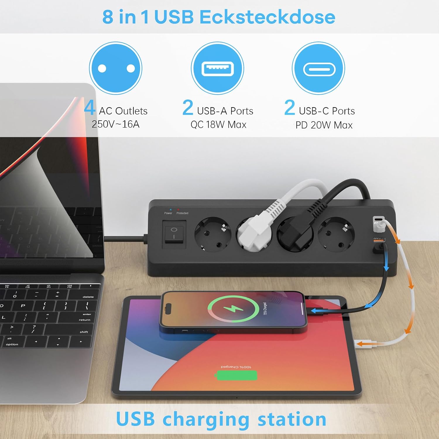 Thumbnail 3 de Sudeery 8in1 Ecksteckdosenleiste mit Flachstecker und USB-C PD 20W – 4 Fach, 2 USB-C, 2 USB-A, 2 m Kabel
