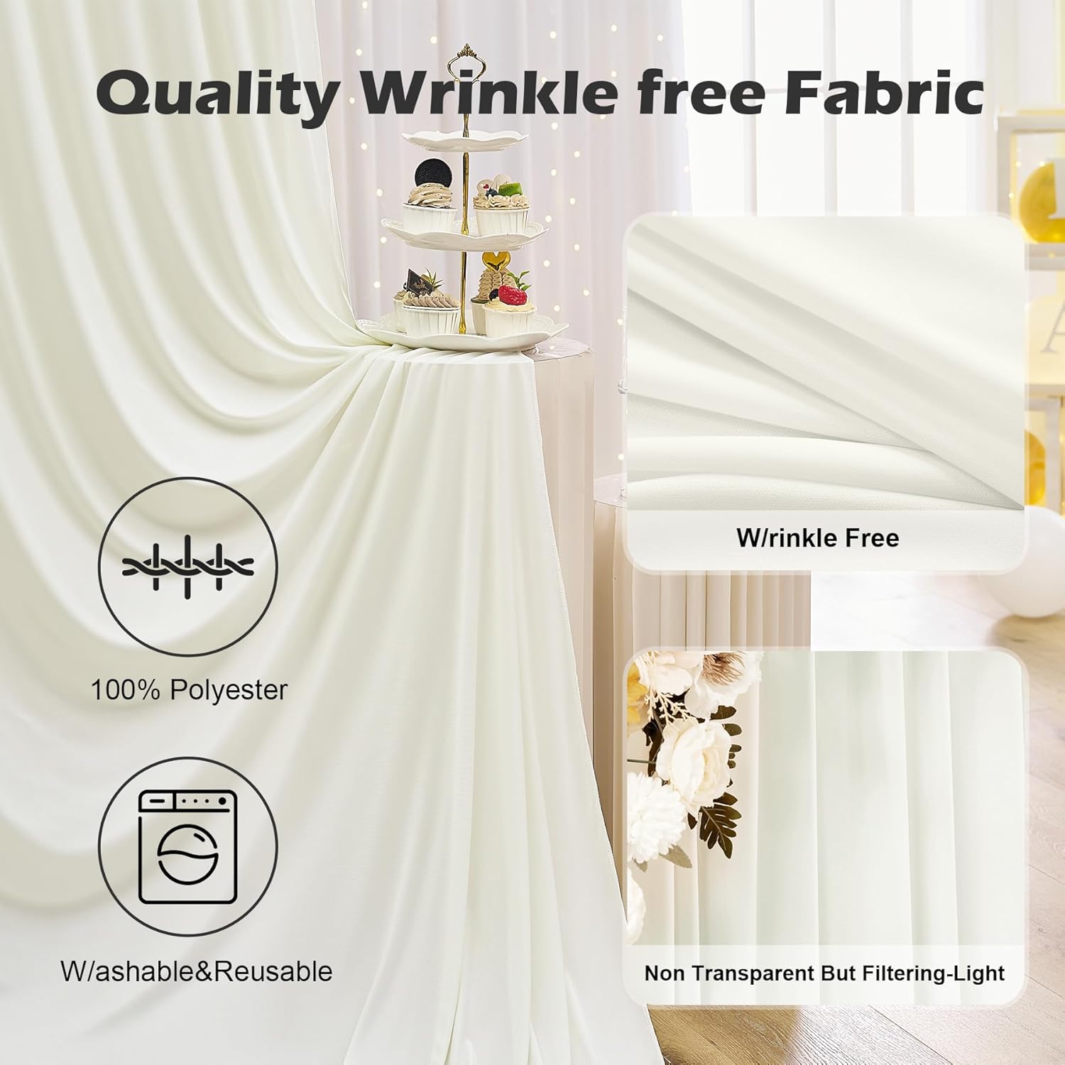 Thumbnail 3 de NSSONBEN 40ft x 10ft Ivory Backdrop Curtain (8 Panels) – Wrinkle Free, Silky Polyester Wedding & Party Backdrops