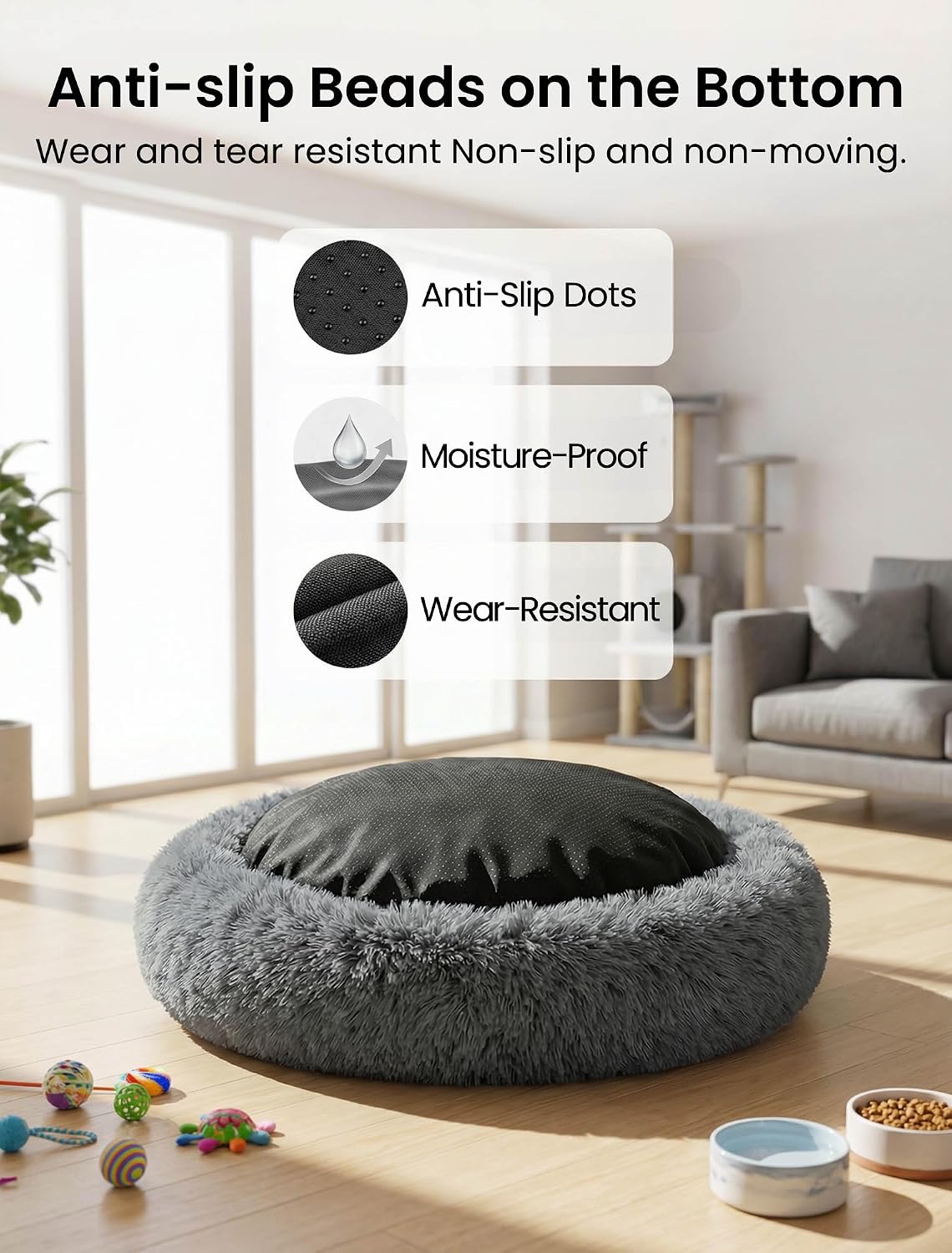Detalle de Moistu Moistu XL Dog Bed Donut Washable – 80cm round calming cushion with non-slip base
