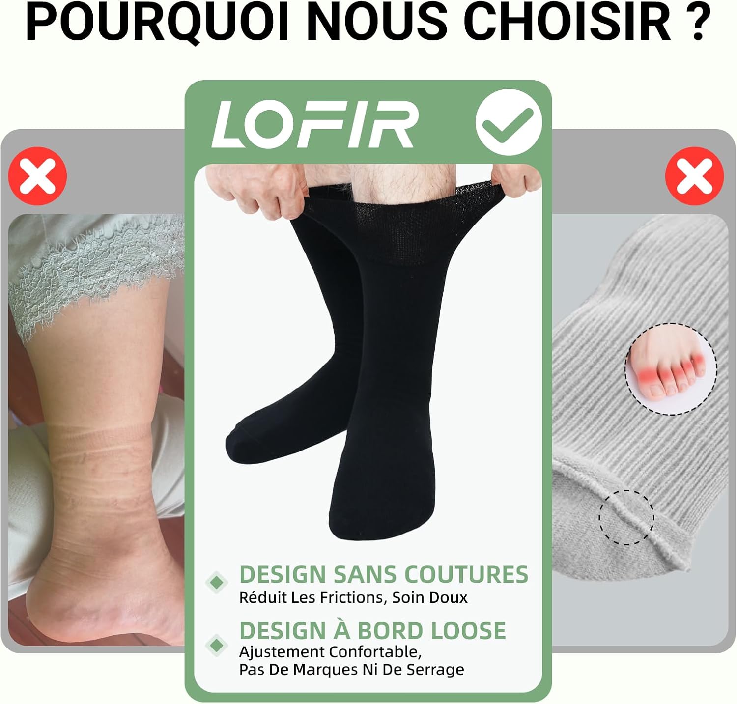 Detalle de Chaussettes diabétiques LOFIR sans couture en bambou (sans élastique) – lot de 6 paires, tailles 39-46