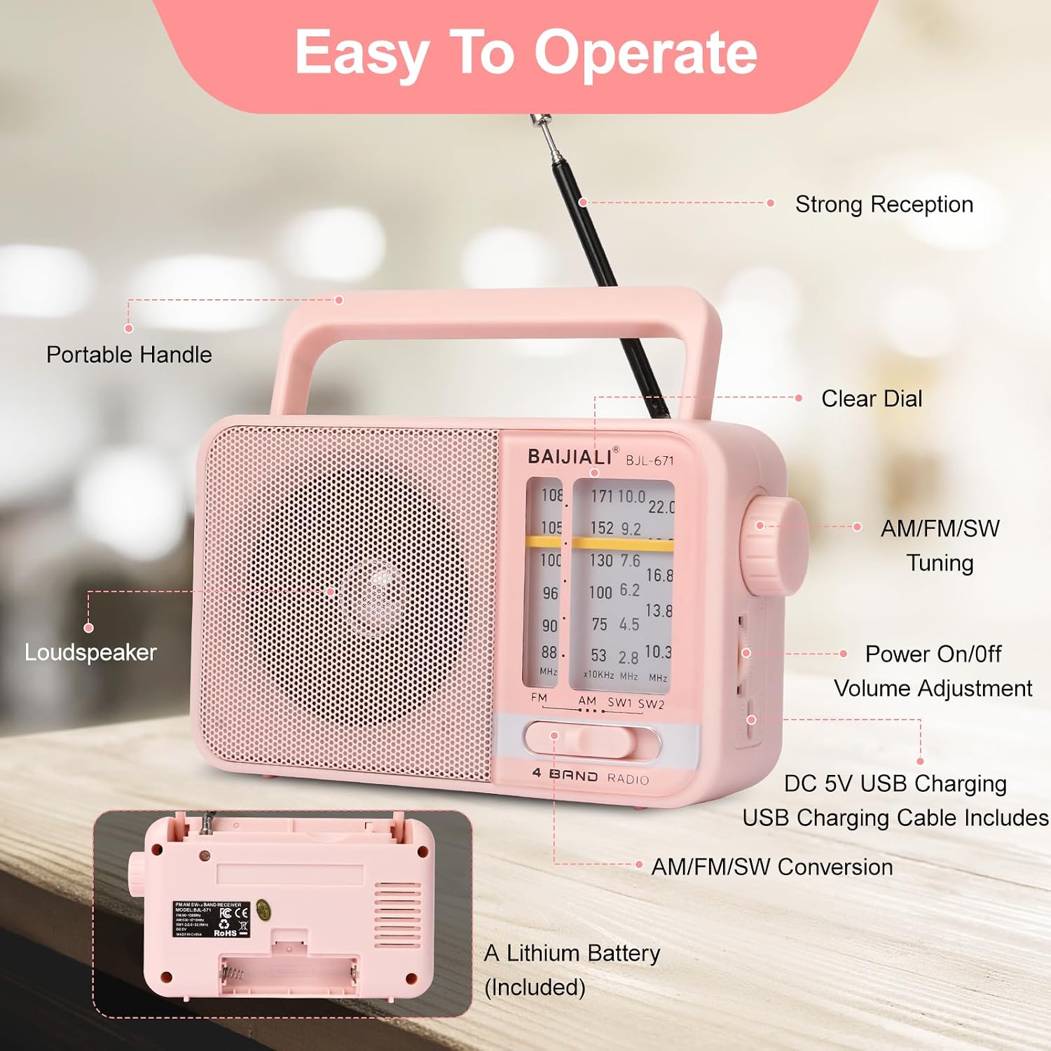 Thumbnail 2 de BAIJIALI BJL-671 Portable AM/FM/SW Radio, Pink, USB-C Rechargeable