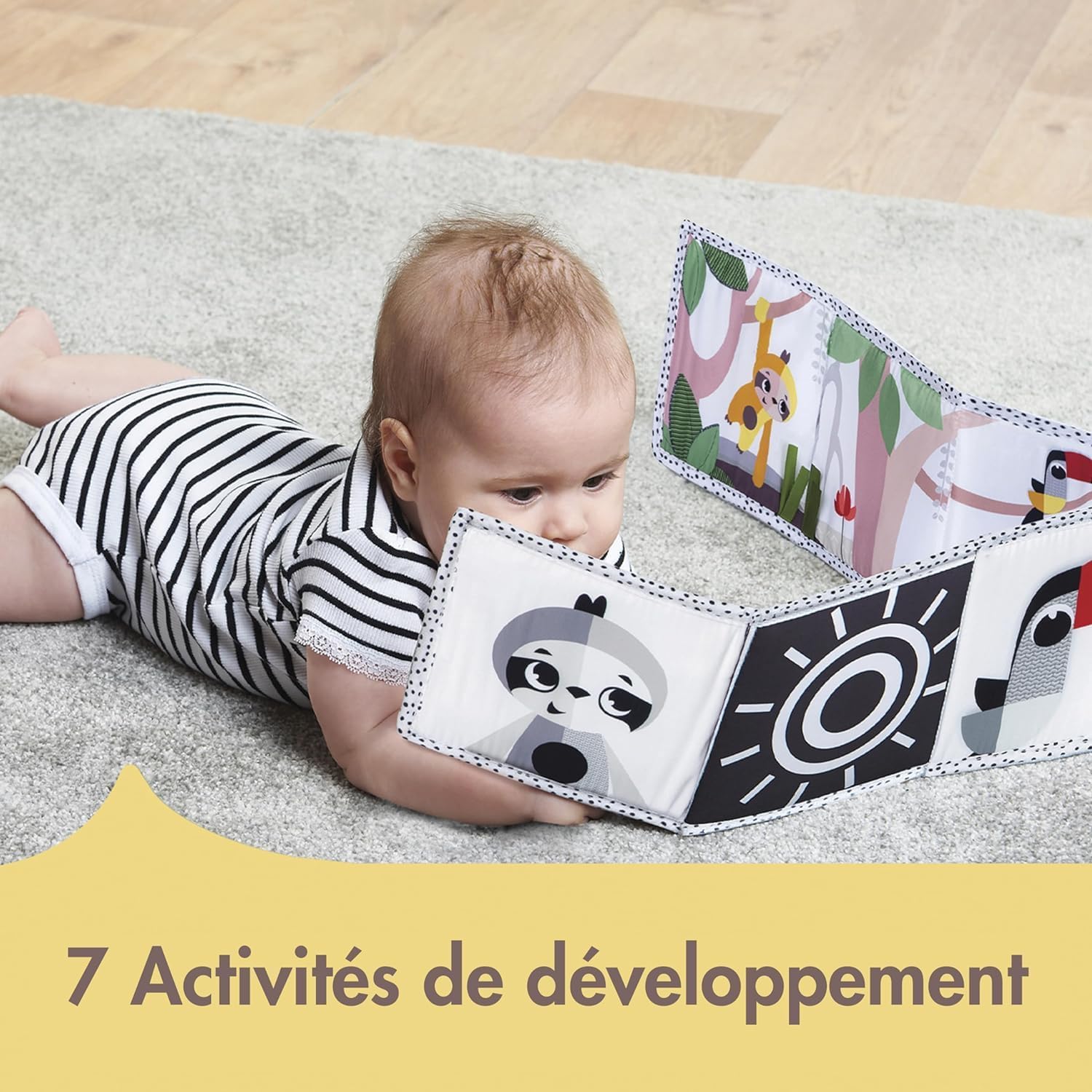 Detalle de Tiny Love Livre Bébé en Tissu Double Face – Livre Sensoriel Noir & Blanc, 7 Activités