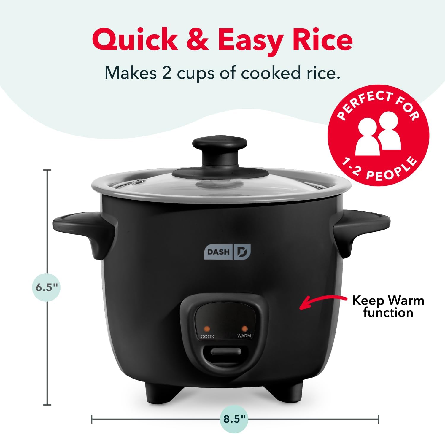 Detalle de Dash Mini Ceramic Rice Cooker (Black Ceramic) — Compact Single-Serve Cooker with Removable Nonstick Pot