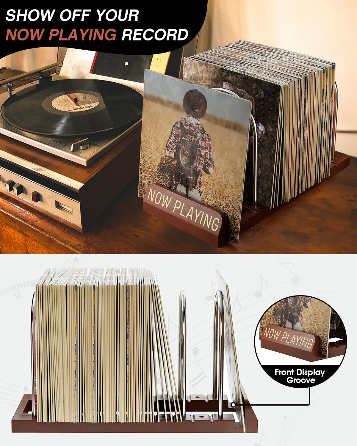 Detalle 2 de BS-VOG Now Playing Vinyl Record Stand (50 LP) – wood spinning record holder with non-slip grooves