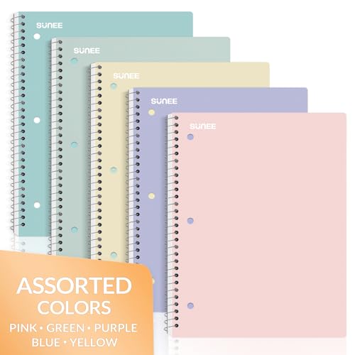 Thumbnail 7 de SUNEE 1-Subject Spiral Notebooks, 5-Pack — 8 x 10.5, 70 Sheets Each, College Ruled, 3-Hole Punch, Pink-Purple-Blue-Green-Yellow