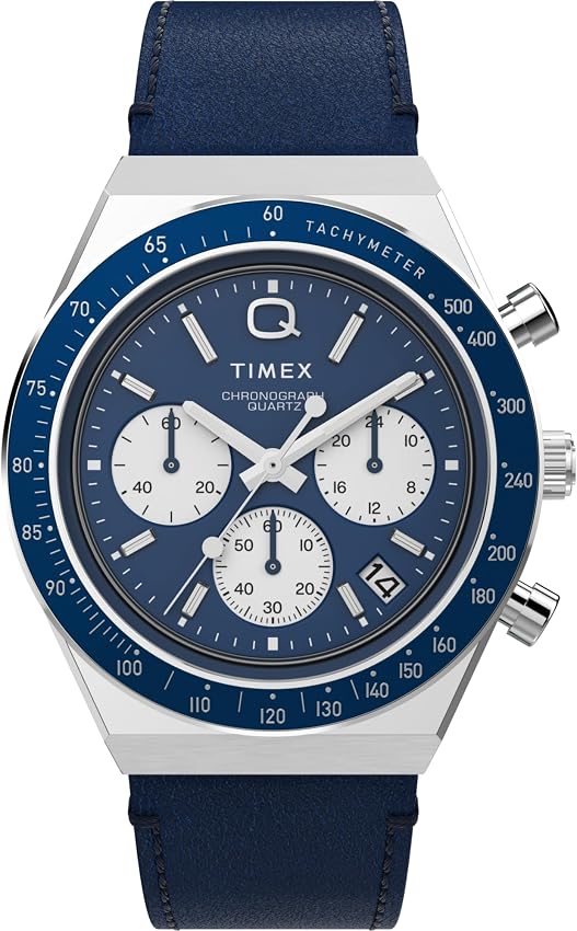 Detalle de Timex Reloj Q Chronograph 40 mm, correa cuero azul