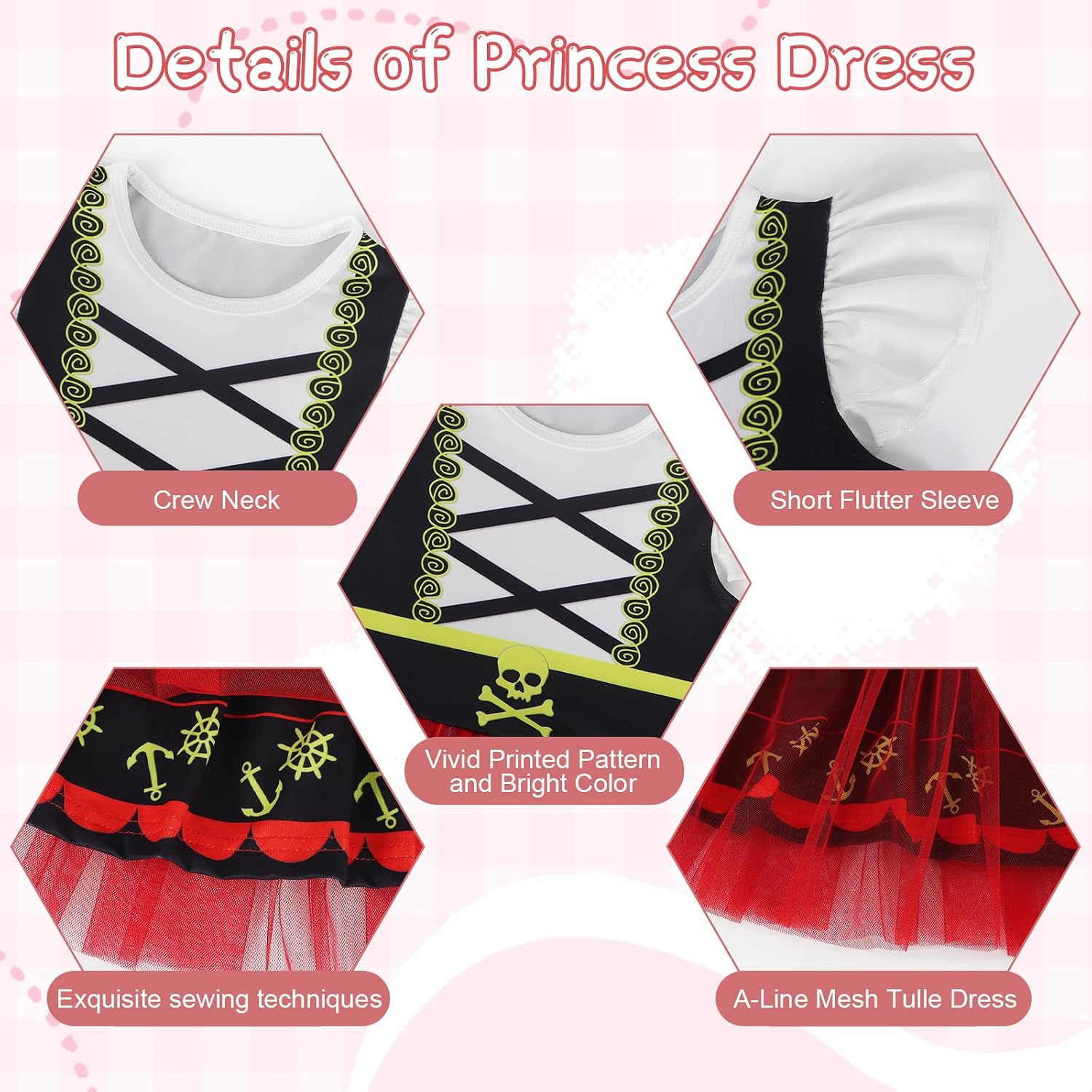 Detalle de Girls Pirate Costume Tulle Dress with Flutter Sleeves and A-Line Skirt